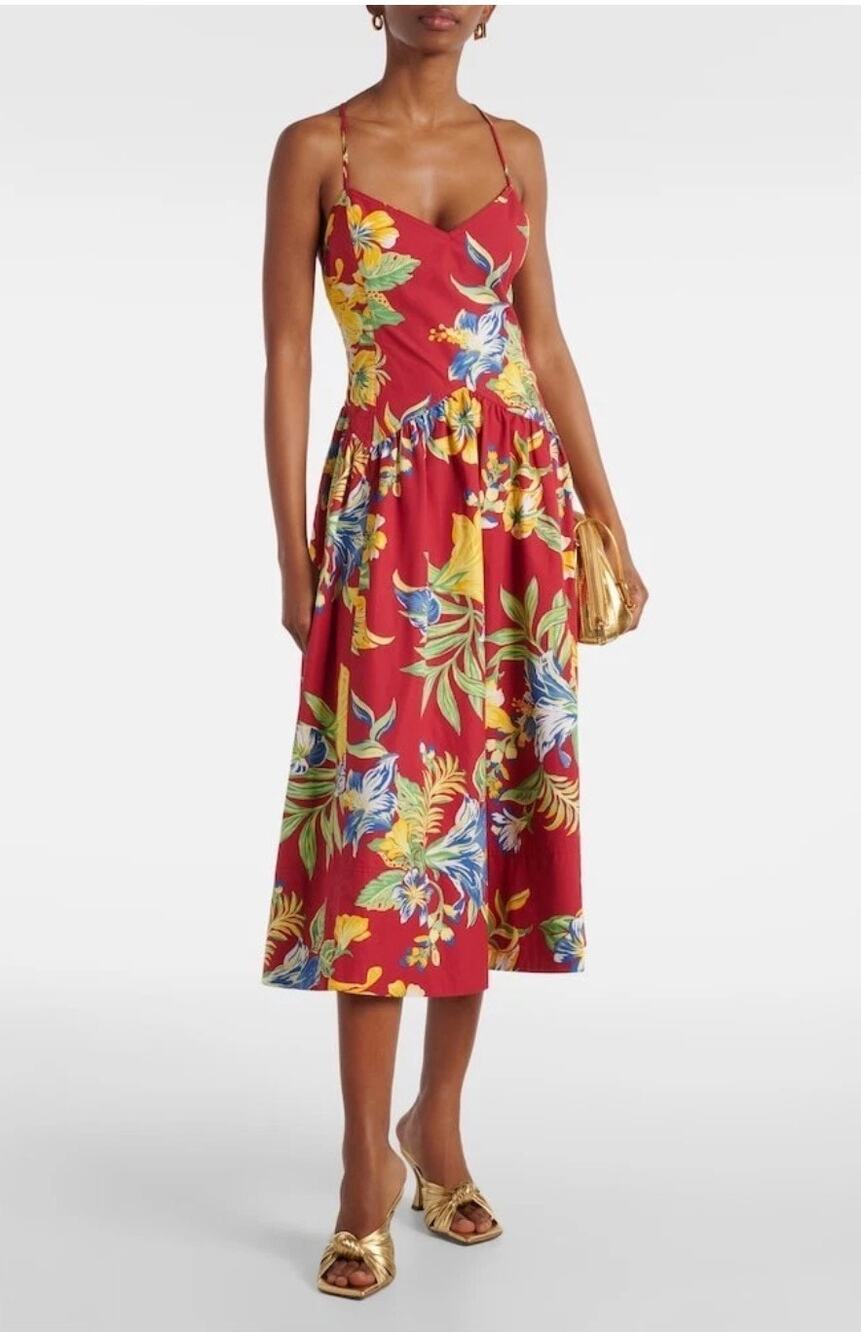 Polo Ralph Lauren Cotton Corset Midi Sundress Red Tropical Print 10